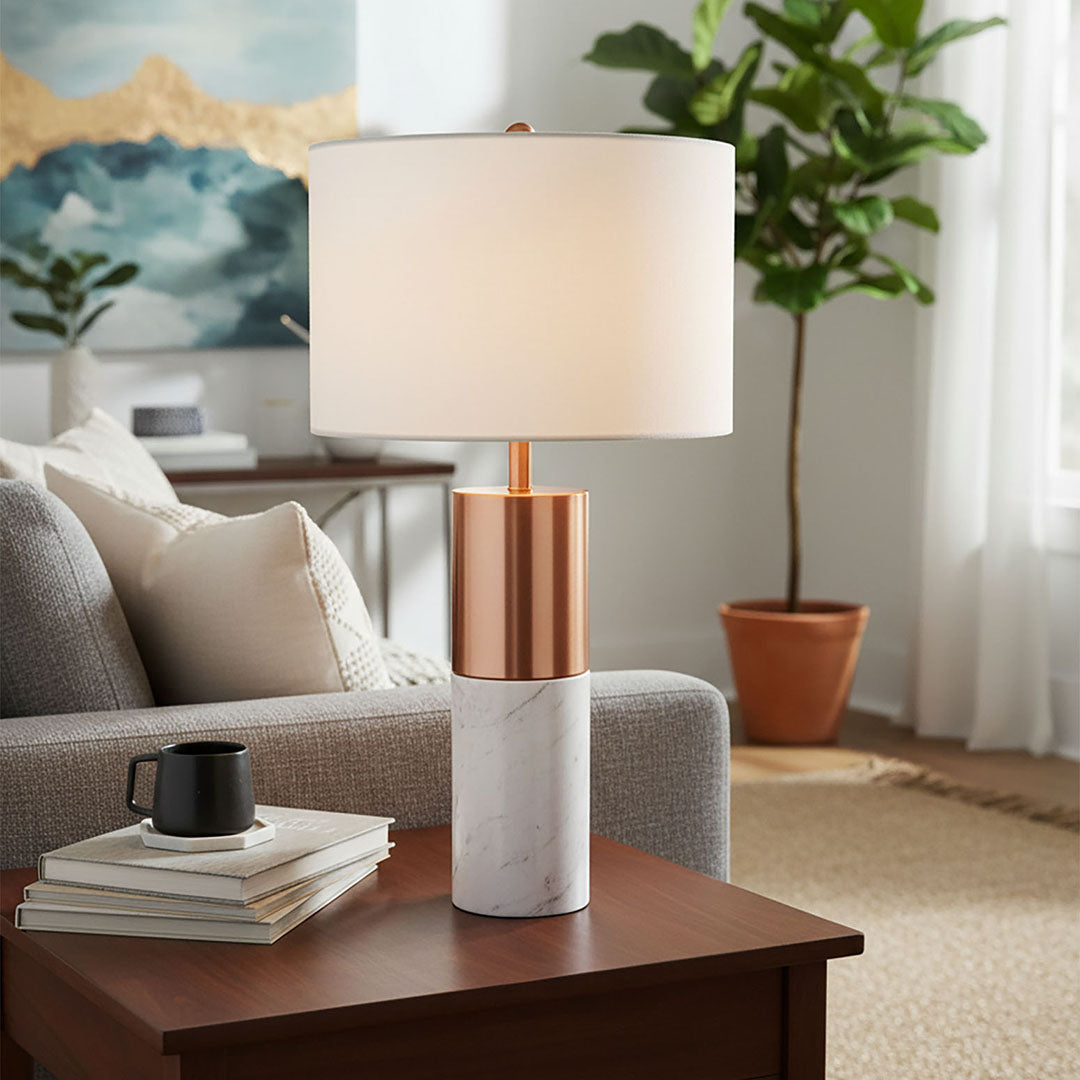 SOGA 60cm White Marble Bedside Modern Desk Table Lamp Living Room Shade with Cylinder Base