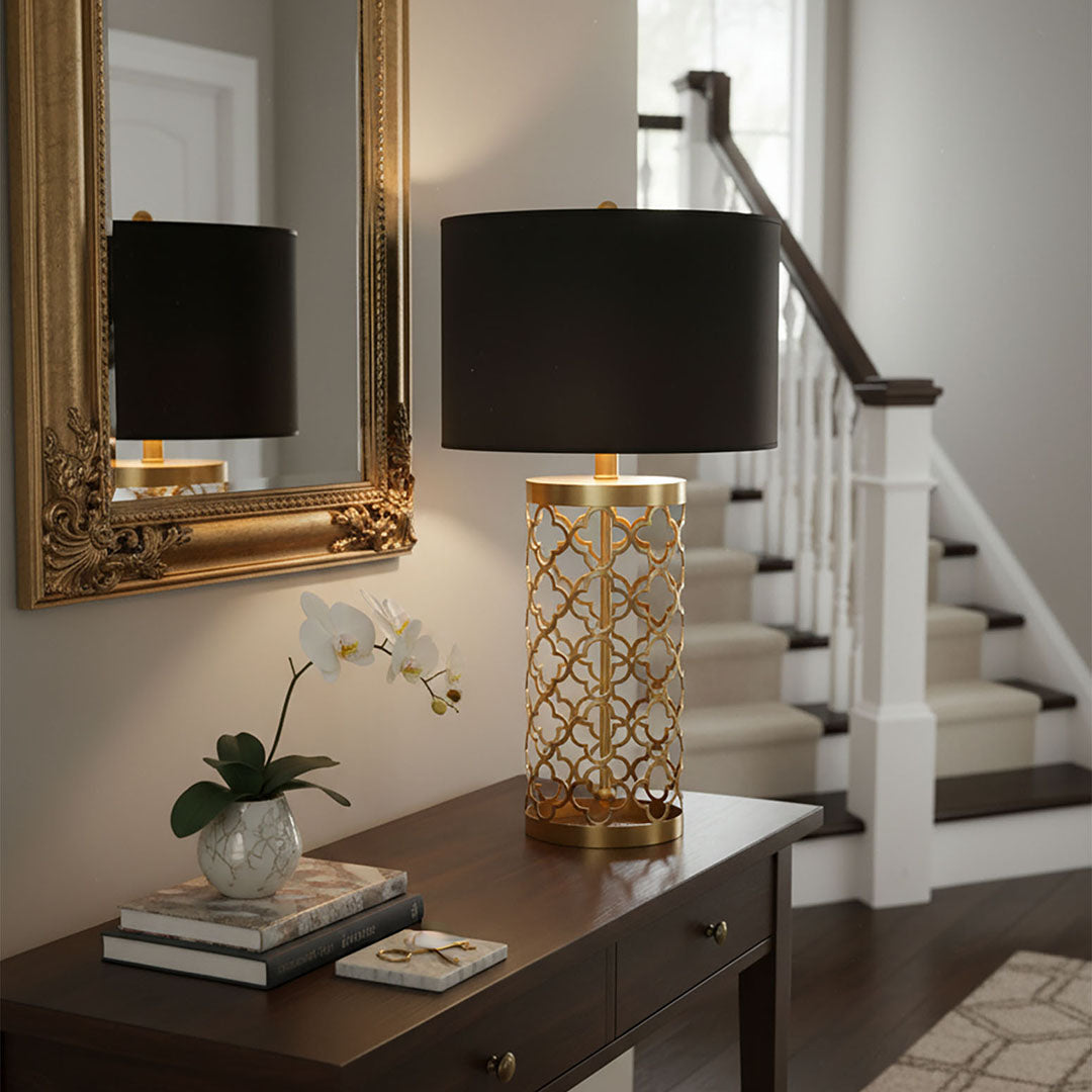 SOGA Golden Hollowed Out Base Table Lamp with Dark Shade