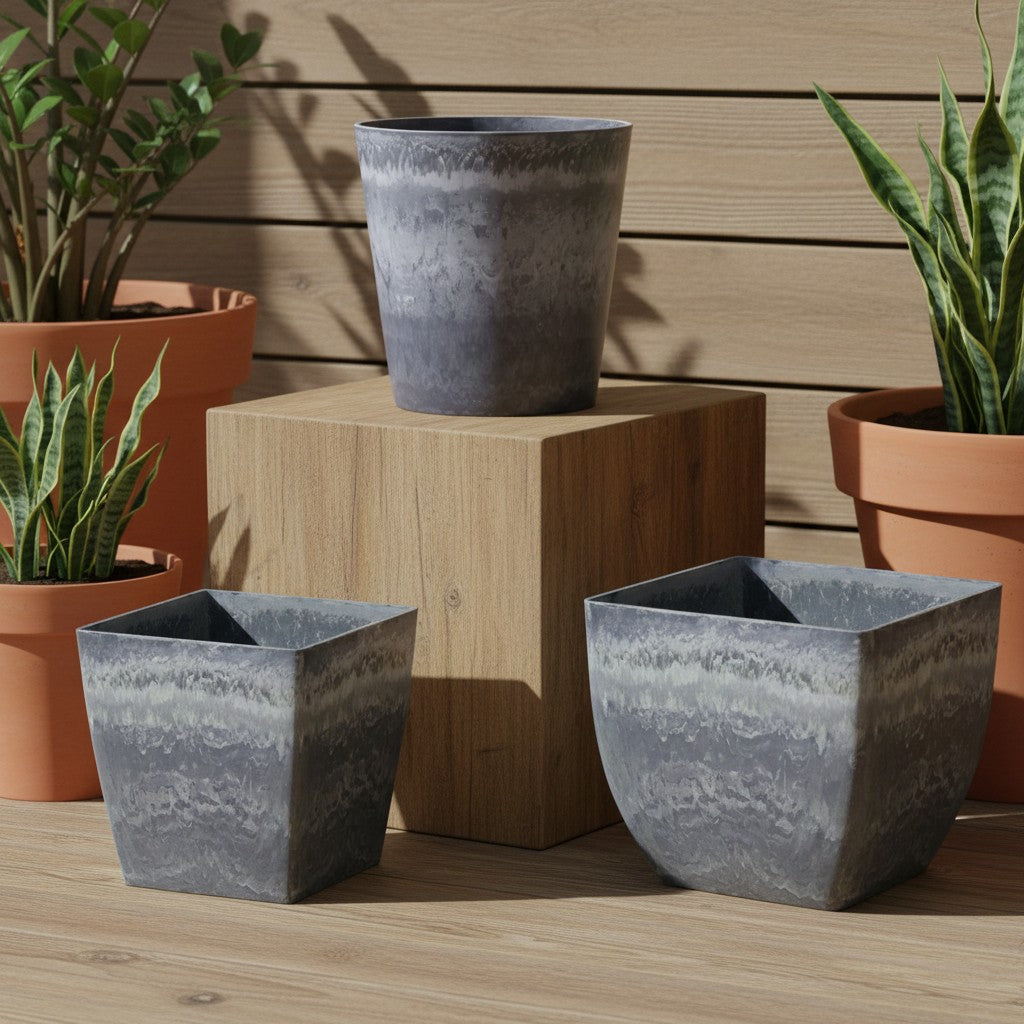 SOGA Home & Living Bundle – Weathered Grey Square & Round Resin Plant Pots for Indoor Decor
