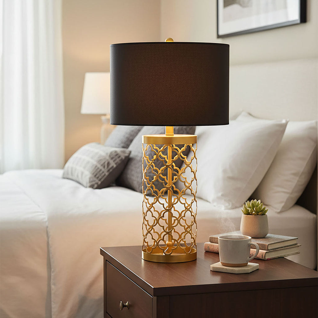 SOGA Golden Hollowed Out Base Table Lamp with Dark Shade