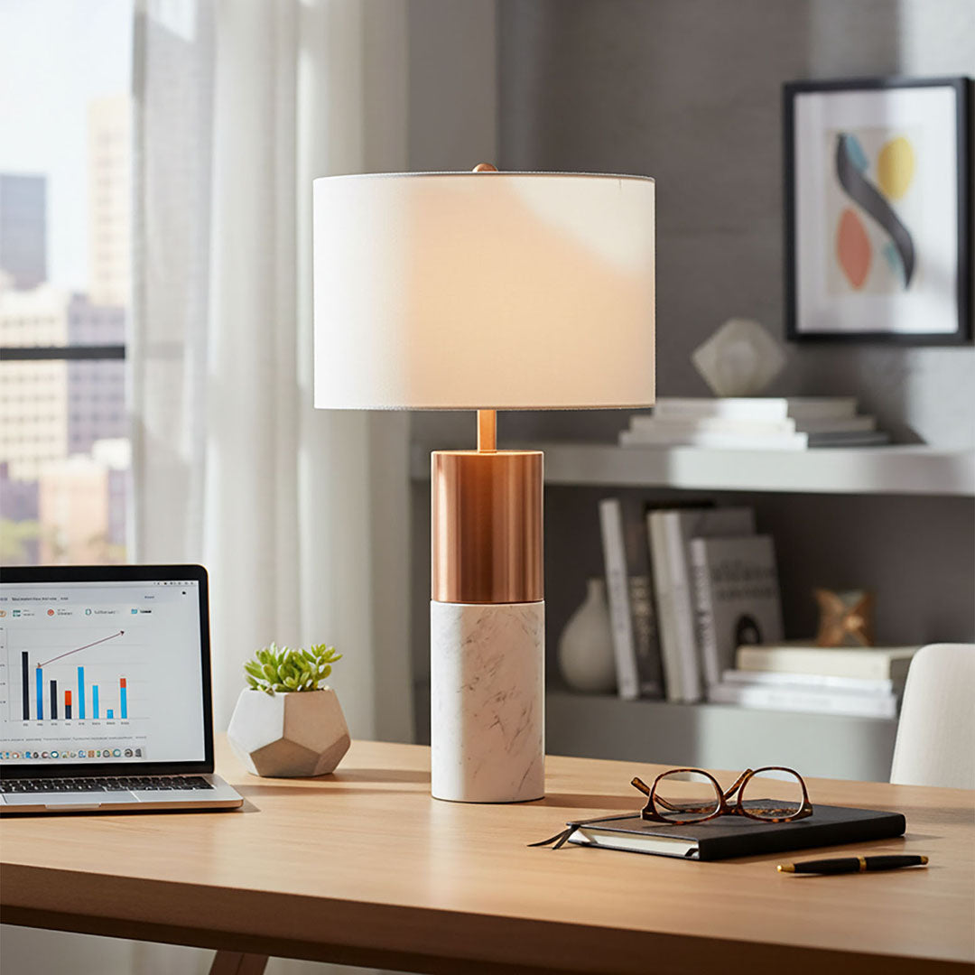 SOGA 60cm White Marble Bedside Modern Desk Table Lamp Living Room Shade with Cylinder Base