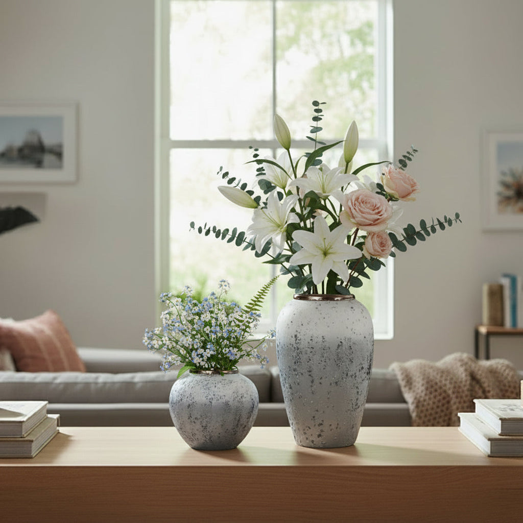 SOGA Home & Living Bundle – White & Grey Ceramic Flower Vases for Elegant Living Room Decor