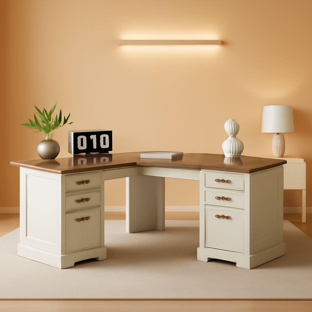 60 Inch Farmhouse L Shaped Desk Antique White With Drawers