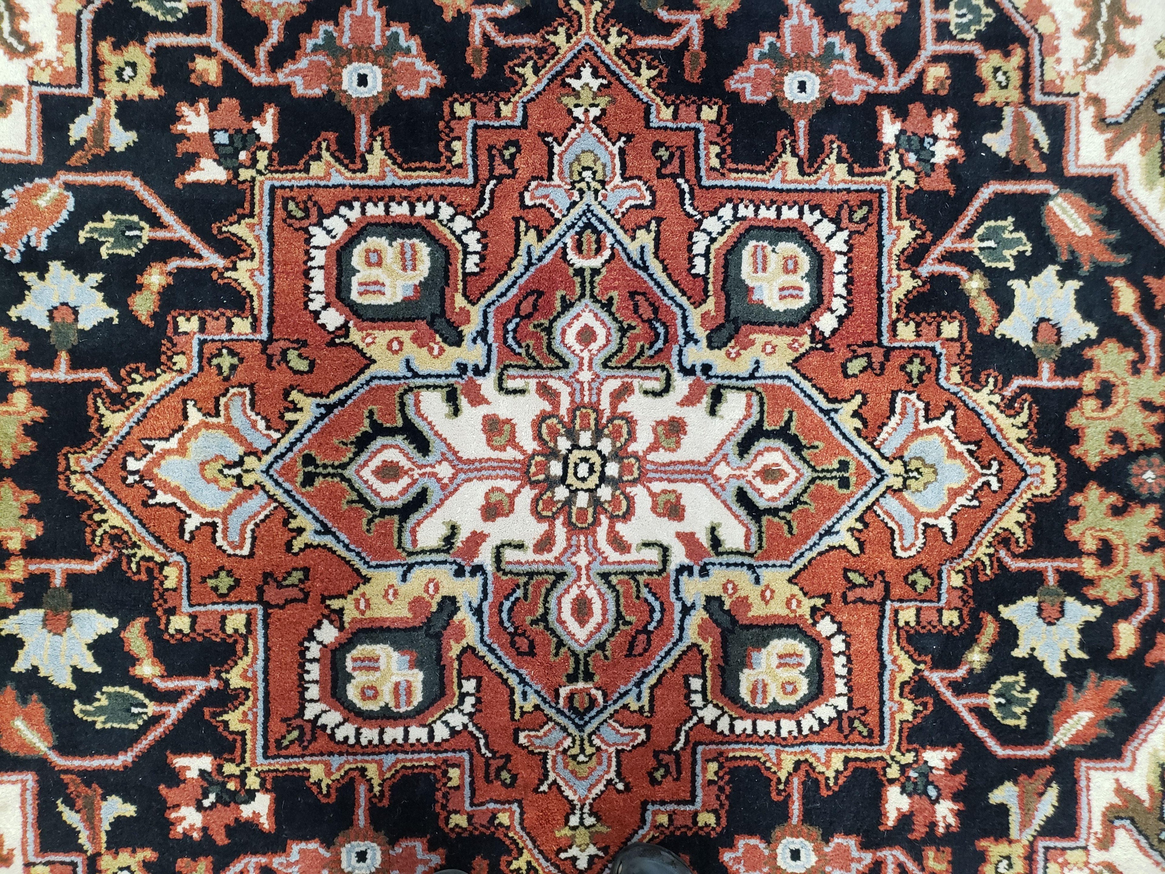Vintage Indo Heriz Area Rug 8x10, Indo Persian Carpet 8 x 10, Red Dark Blue & Beige/Cream Indian Rug, Decorative Pattern, Wool, Hand-Knotted