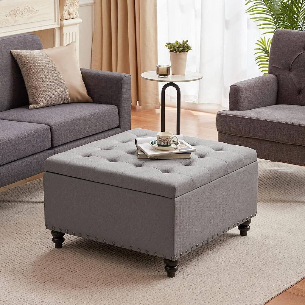 Grey Tufted Storage Ottoman Square For Living Room