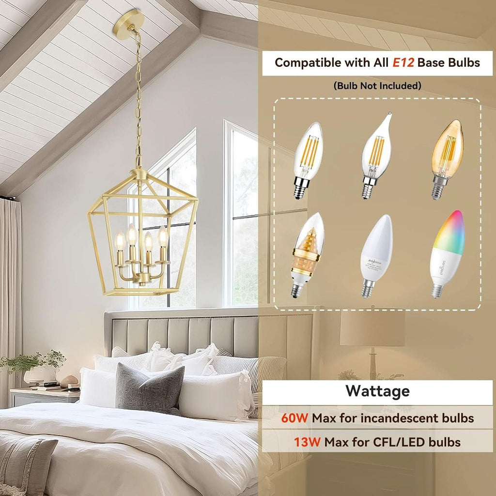 Industrial Gold Lantern Chandelier 4 Light Adjustable