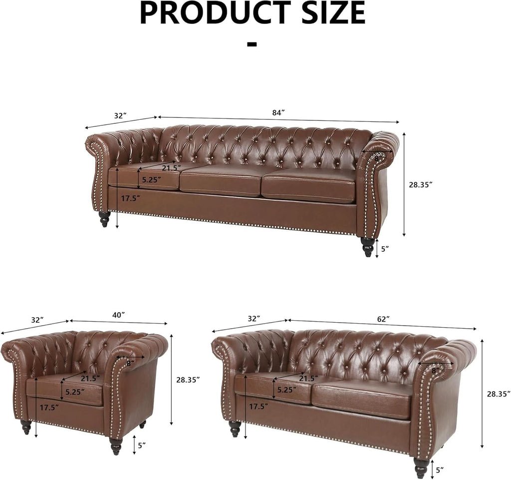 3 Piece Chesterfield Leather Sofa Set With Rolled Arms And Nailhead Trim Modern Brown Living Room Set