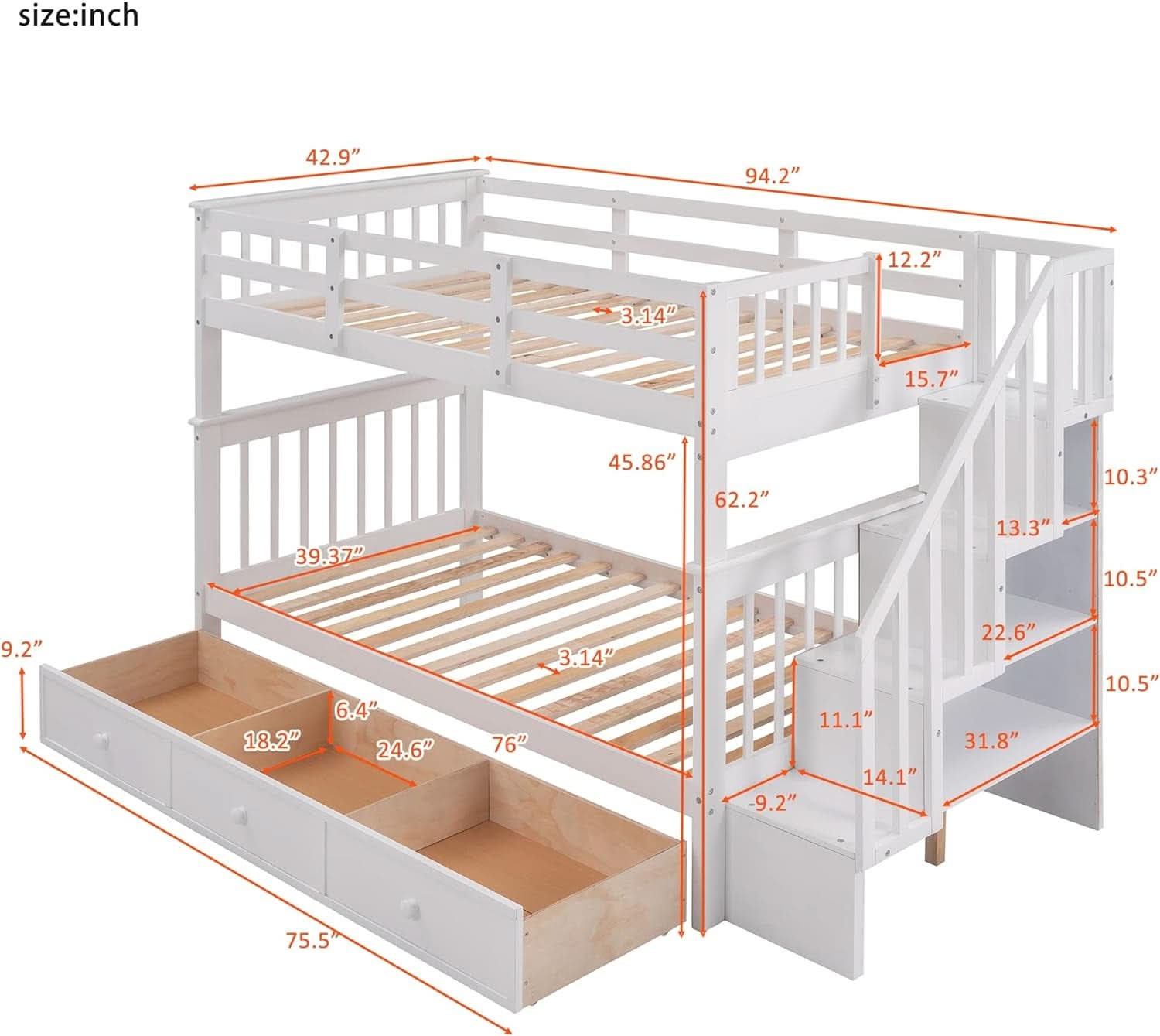 Twin Over Twin Bunk Bed With Stairs Guard Rail And Storage Drawers White