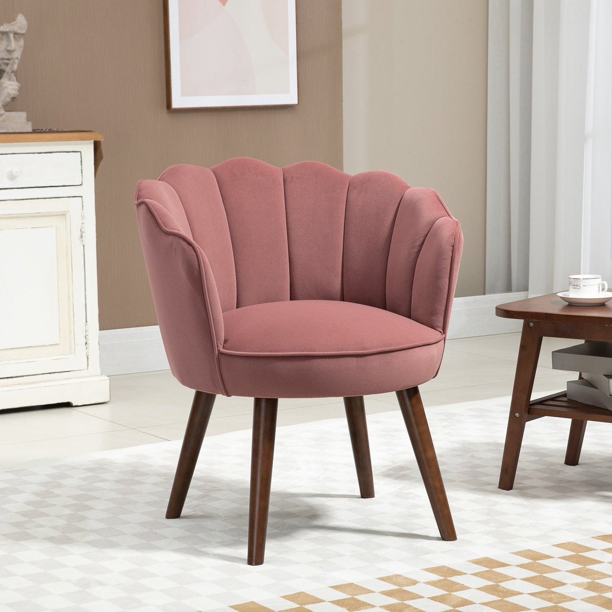 Velvet Vanity Accent Chair with Wood Legs - Pink