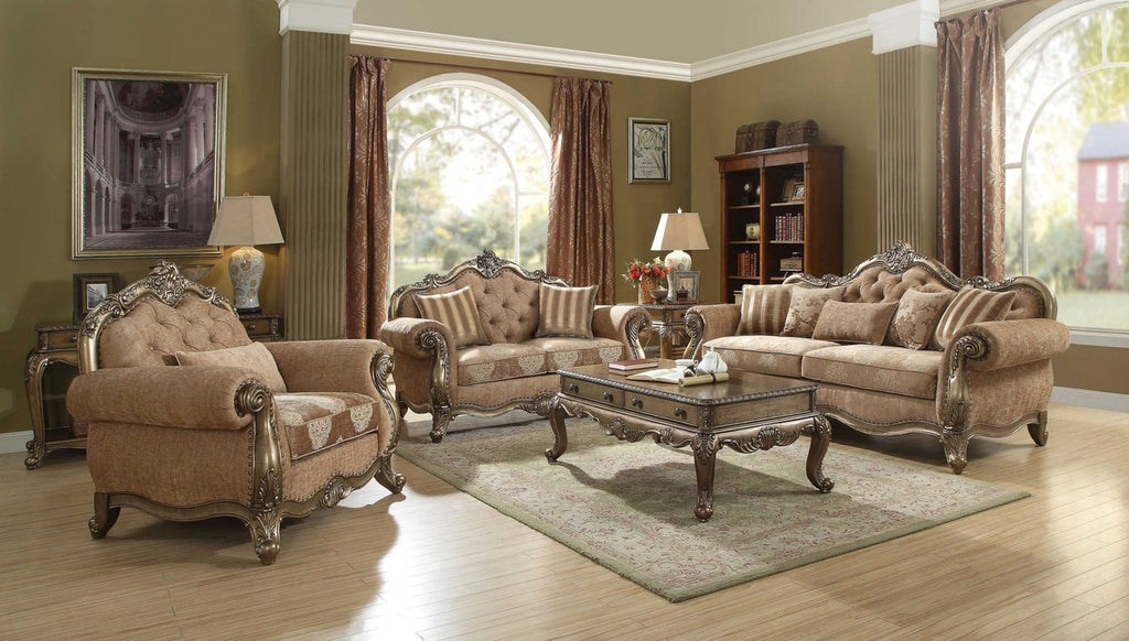 69" Brown And Platinum Damask Chesterfield Loveseat
