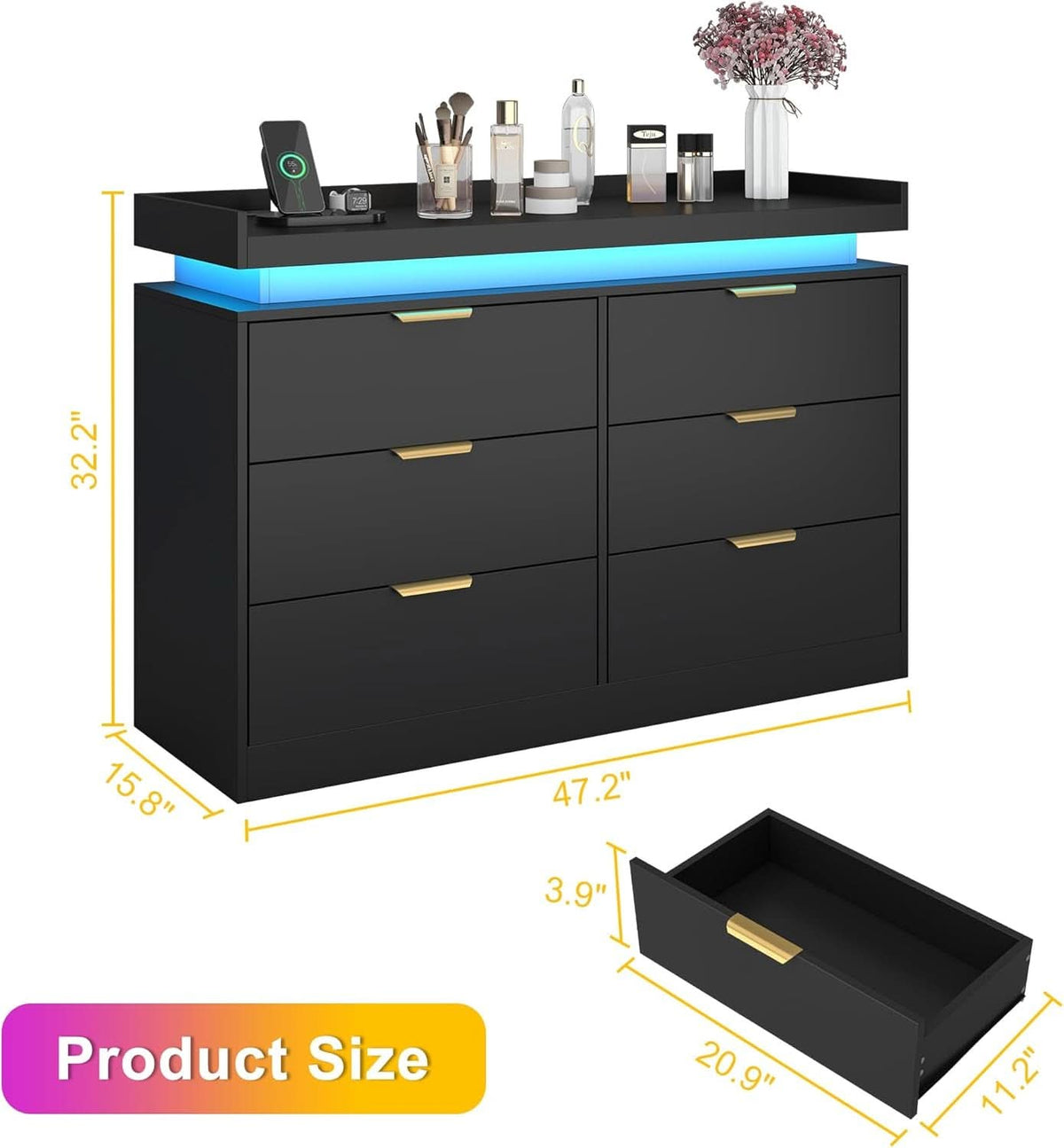 Six Drawer Dresser With LED Illumination Enhancement
