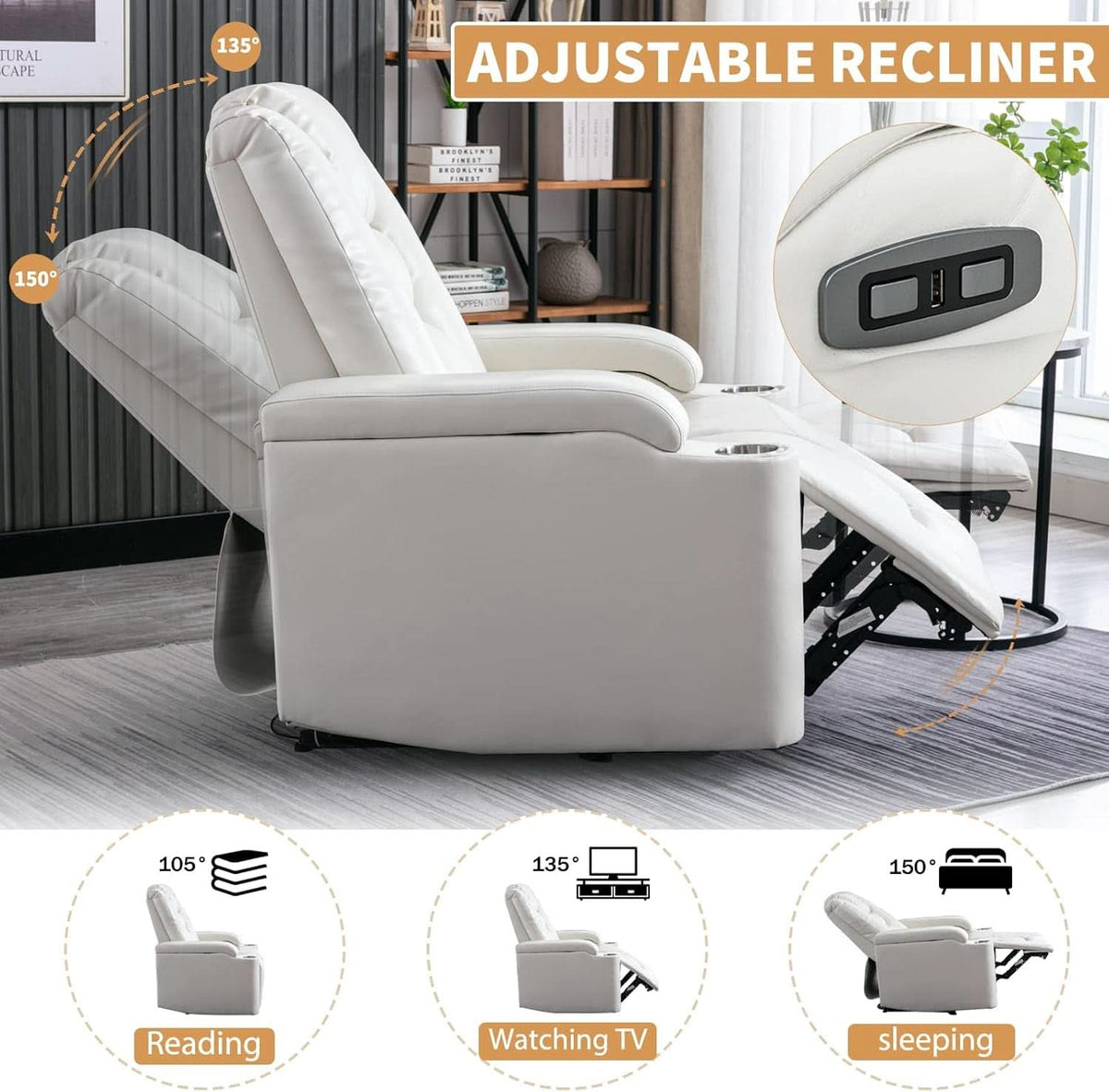 Cream White Power Recliner Chair With USB Ports And Hidden Storage