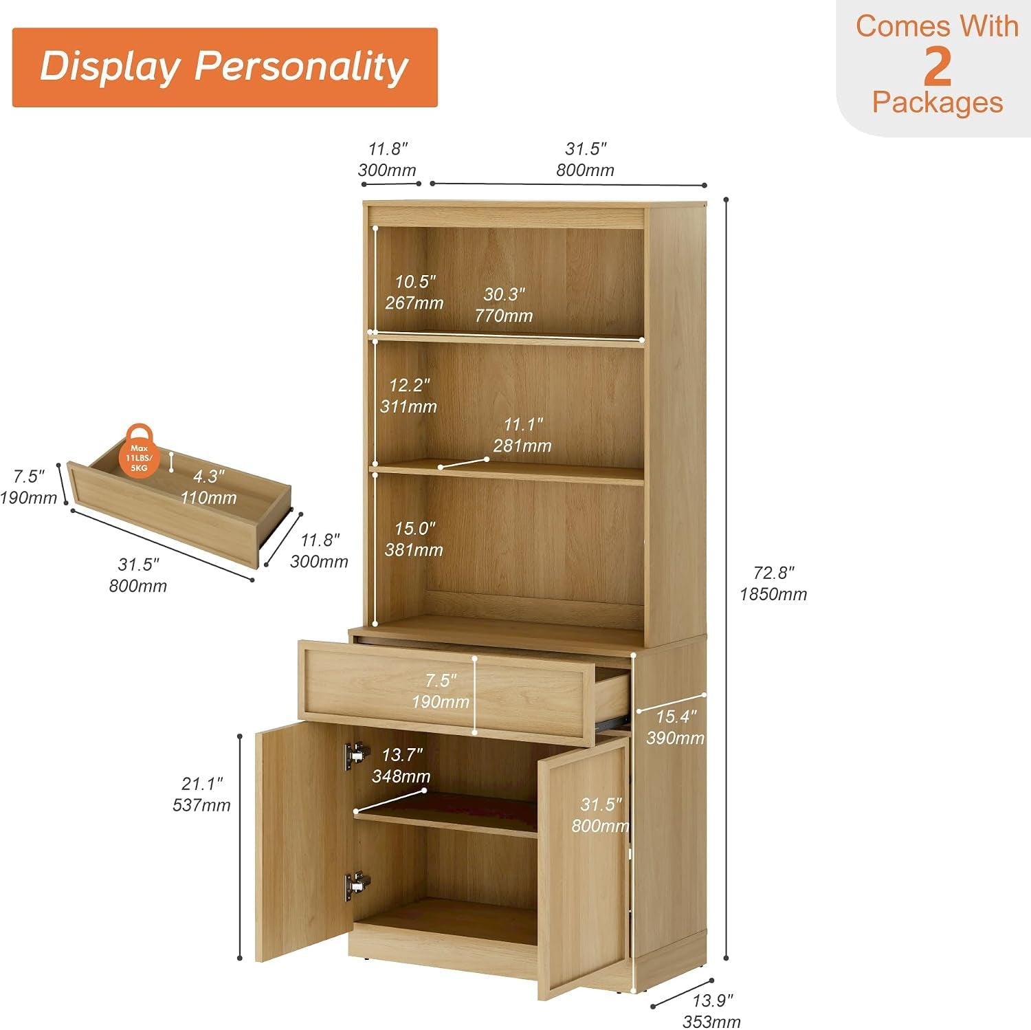 Oak 72 Inch Adjustable Storage Home Library Bookshelf