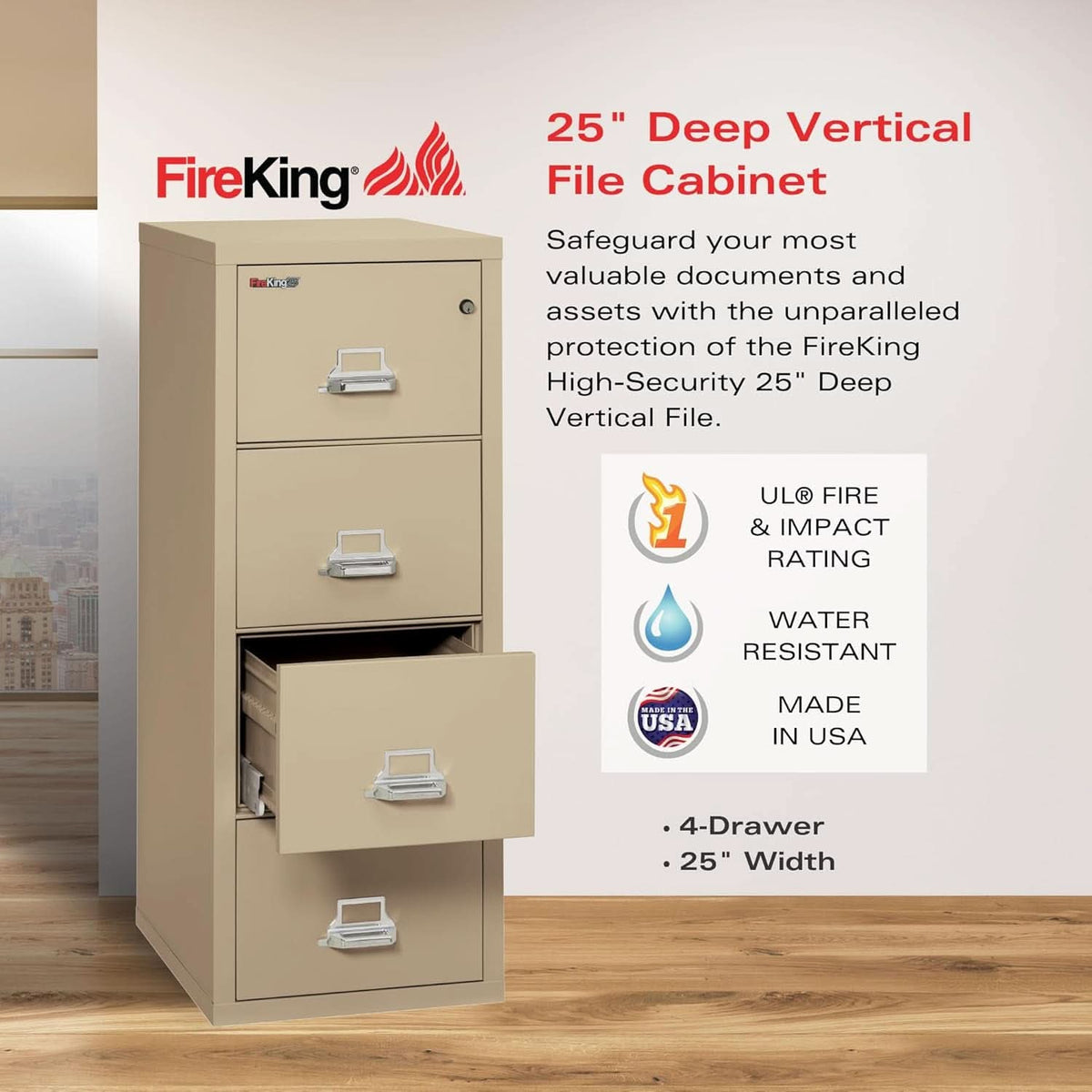 Vertical 4 Drawer Fire Rated File Cabinet Parchment Key Lock