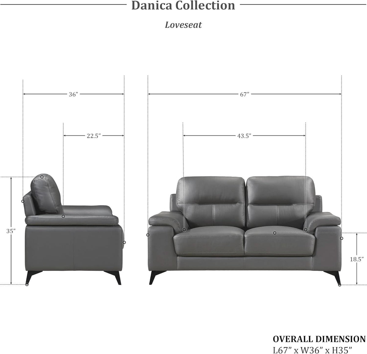 Top Grain Leather Two Piece Living Room Sofa Set Dark Gray