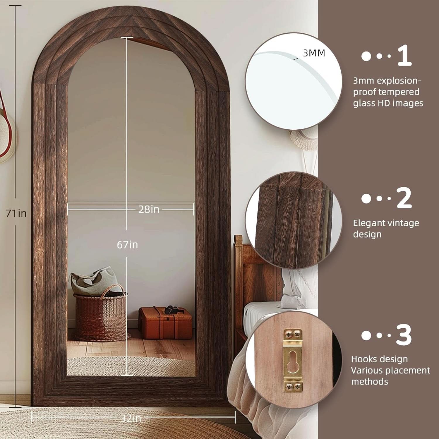 Arched Full Length Mirror 71x32 Inch Brown Solid Wood Frame