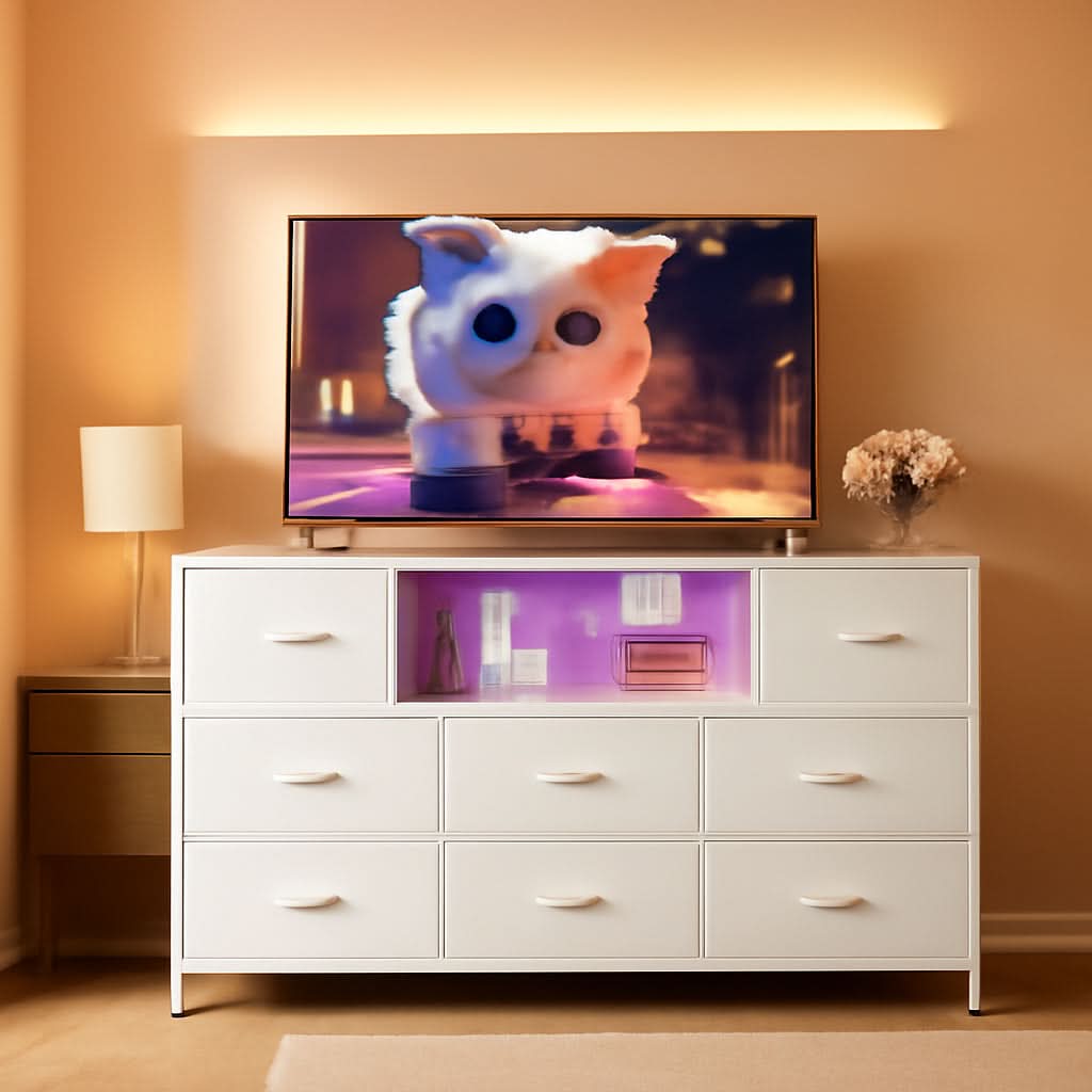 White Dresser TV Stand for 55 Inch TV with Charging Station LED Lights