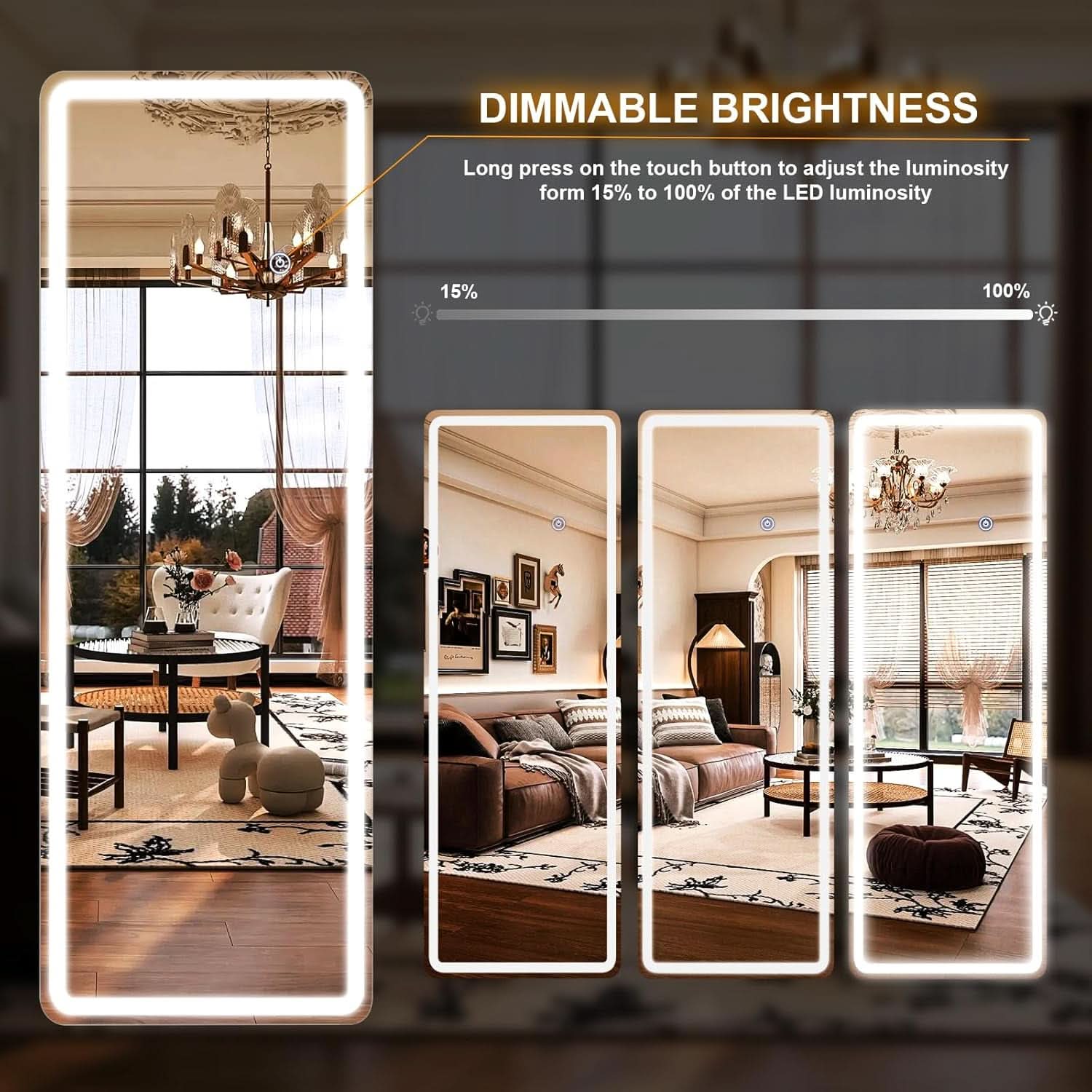 26x68 Inch Full Length Mirror With Lights LED Dimmable 3 Color Floor Standing Or Wall Hanging