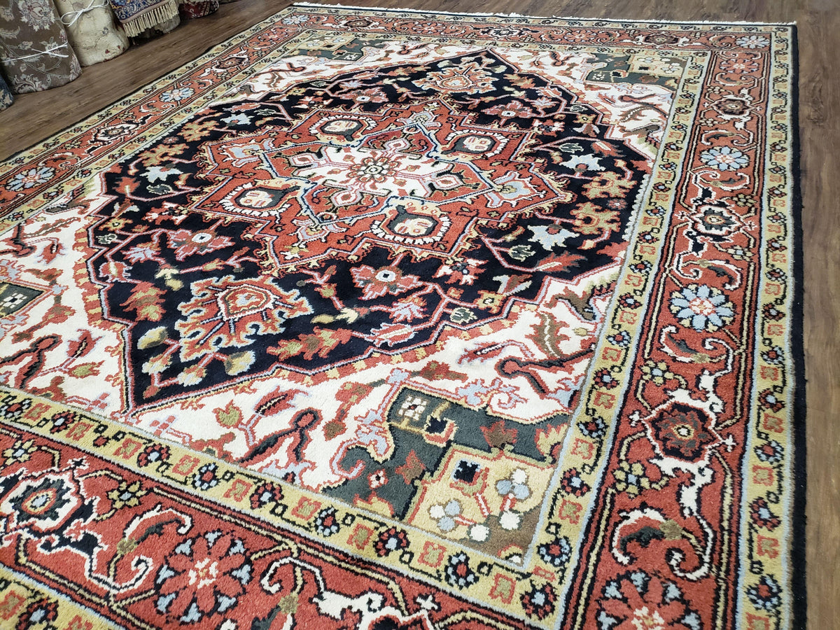 Vintage Indo Heriz Area Rug 8x10, Indo Persian Carpet 8 x 10, Red Dark Blue & Beige/Cream Indian Rug, Decorative Pattern, Wool, Hand-Knotted