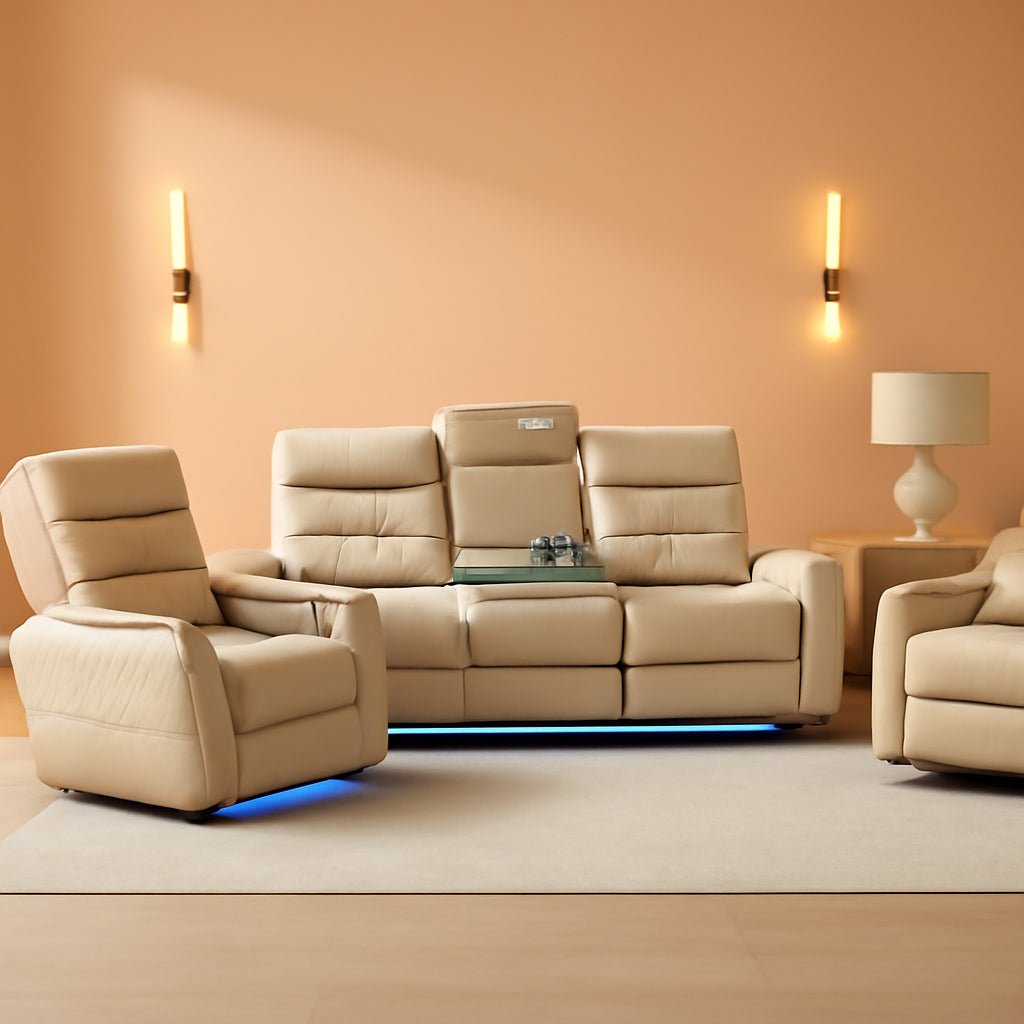 Khaki Premium Quality Leather Power Recliner Sofa USB Port