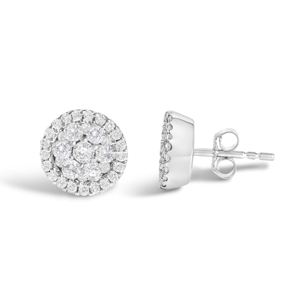 AGS Certified 14K White Gold 1.0 Cttw Brilliant-Cut Diamond Halo-Style Cluster Round Button Stud Earrings (G-H Color, I1-I2 Clarity)