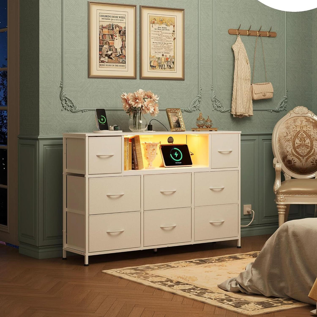 White Dresser TV Stand for 55 Inch TV with Charging Station LED Lights