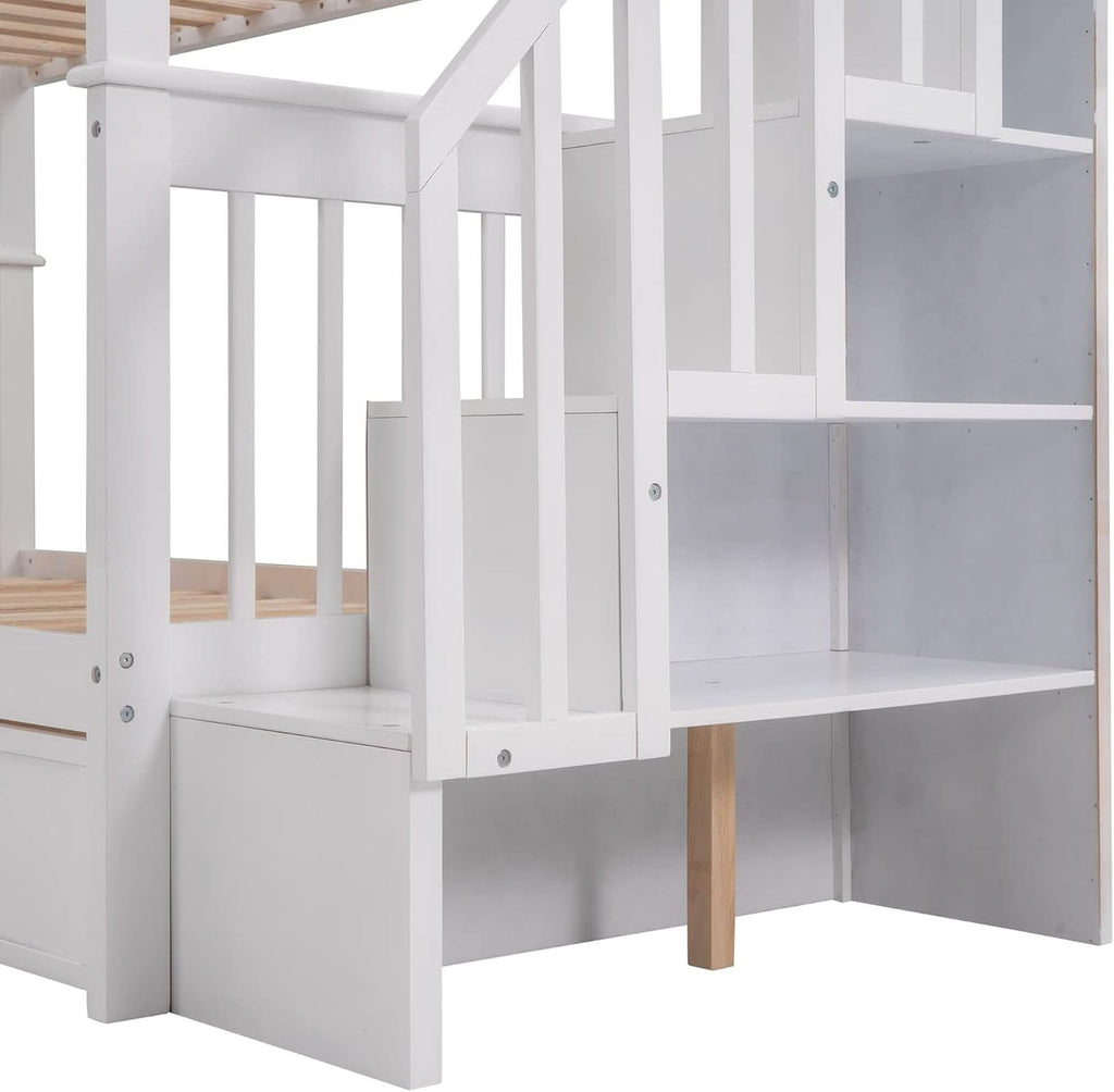 Twin Over Twin Bunk Bed With Stairs Guard Rail And Storage Drawers White