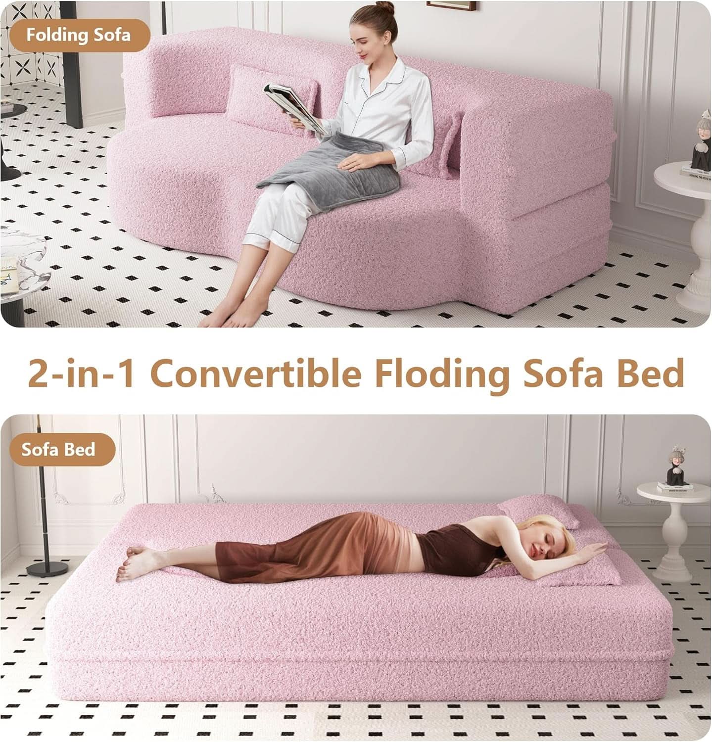 Powder Pink Ultra Comfort Contemporary Foldable Sleeper Sofa