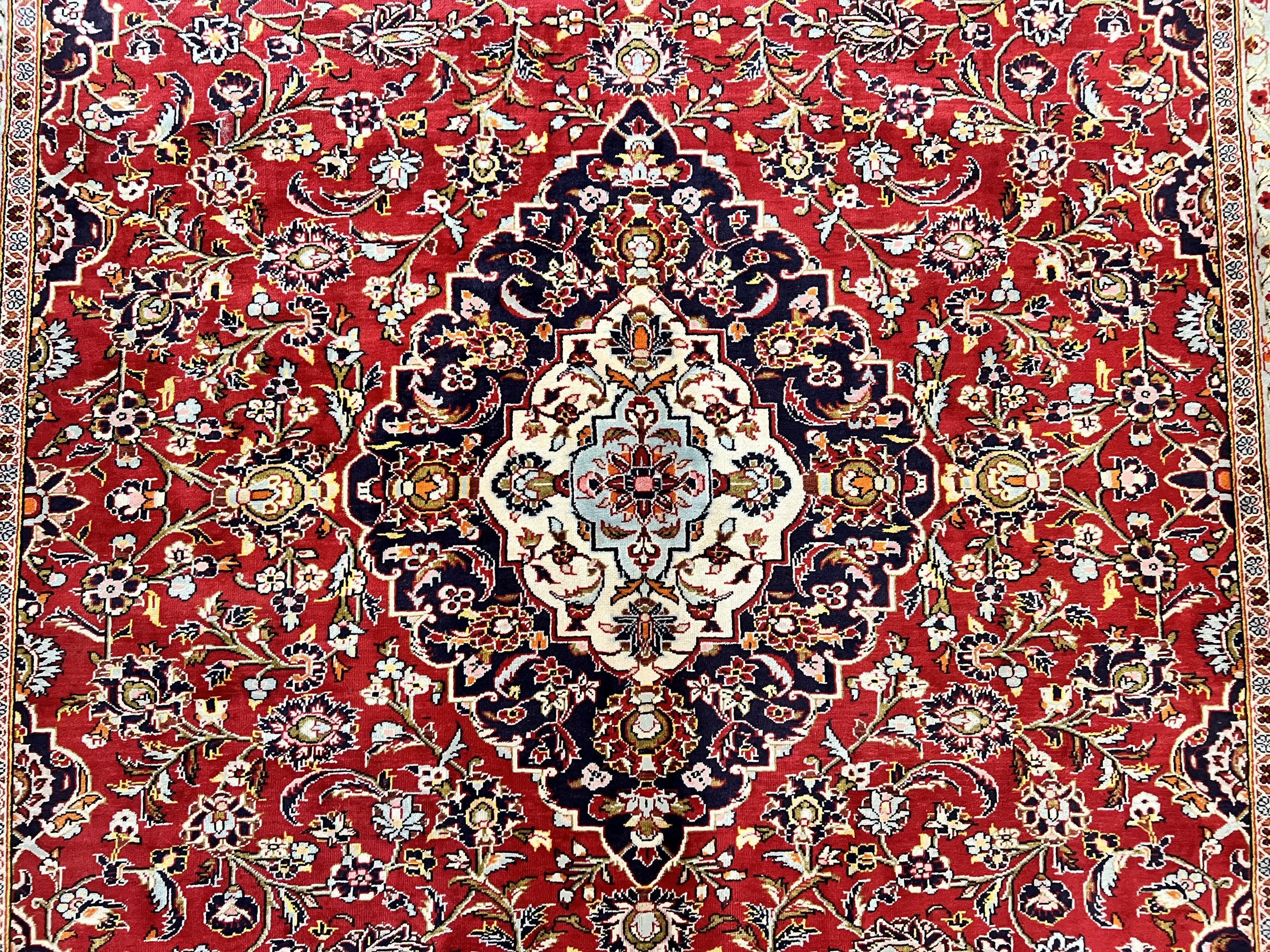 Persian Kashan Rug 10x13, Floral Medallion, Traditional Area Rug, Red Navy Blue Ivory, Handmade Semi Antique Vintage Wool Oriental Carpet 10 x 13