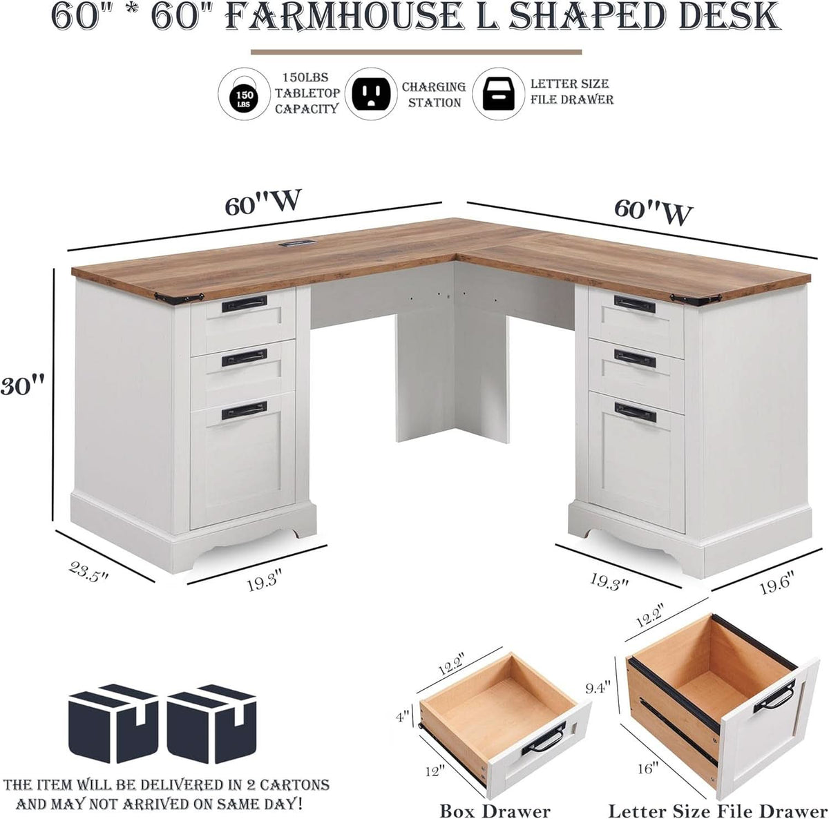 60 Inch Farmhouse L Shaped Desk Antique White With Drawers