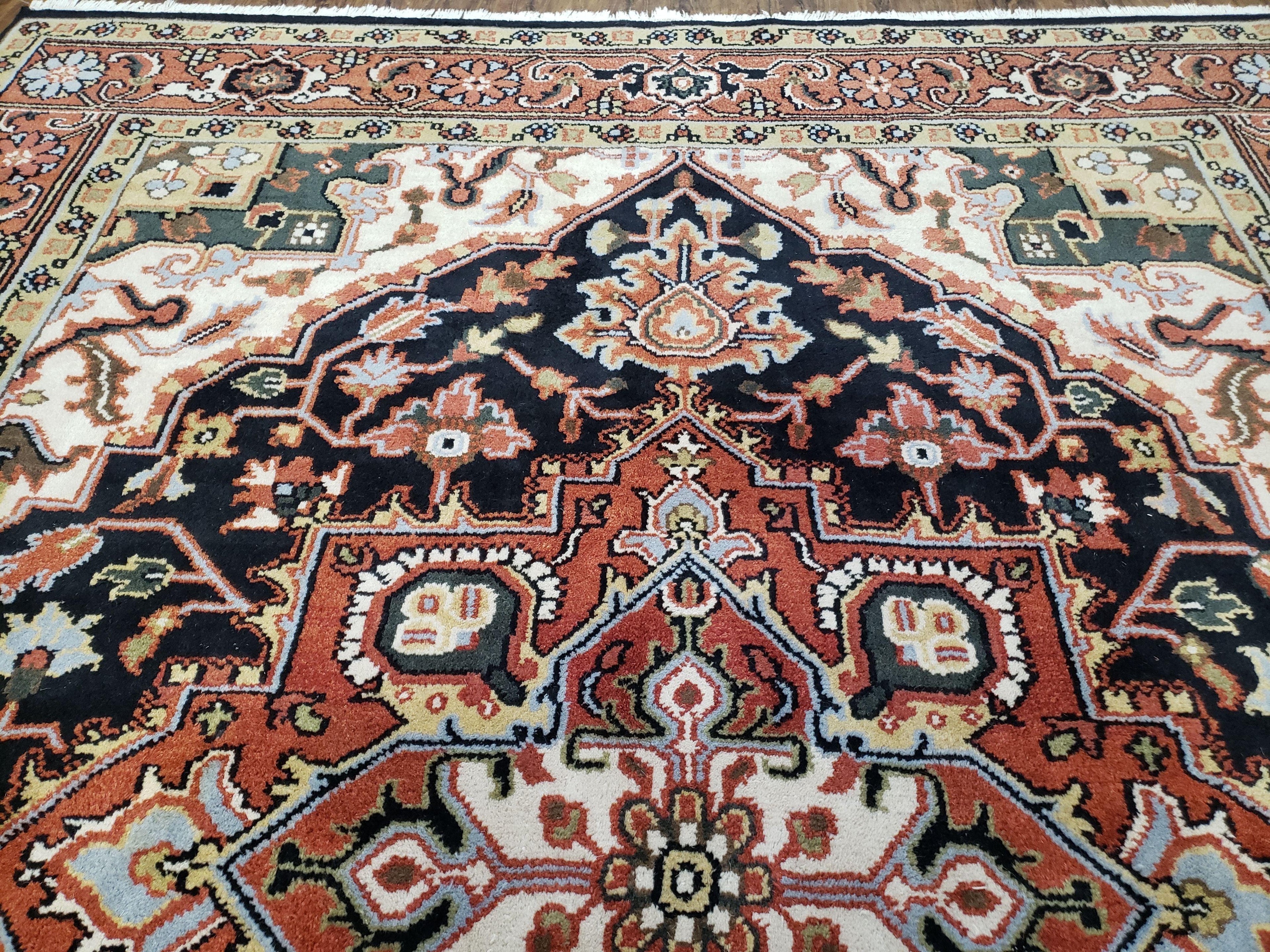 Vintage Indo Heriz Area Rug 8x10, Indo Persian Carpet 8 x 10, Red Dark Blue & Beige/Cream Indian Rug, Decorative Pattern, Wool, Hand-Knotted