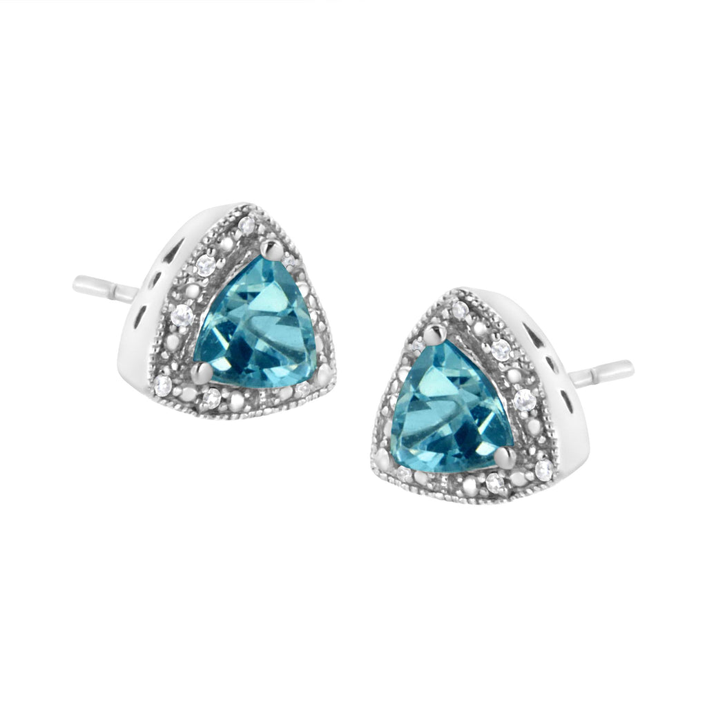 .925 Sterling Silver 6x6 mm Trillion Cut Blue Topaz Gemstone and Diamond Accent Stud Earring (I-J Color, I1-I2 Clarity)-3