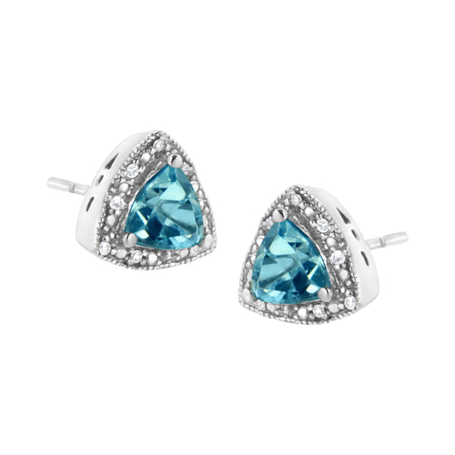 .925 Sterling Silver 6x6 mm Trillion Cut Blue Topaz Gemstone and Diamond Accent Stud Earring (I-J Color, I1-I2 Clarity)
