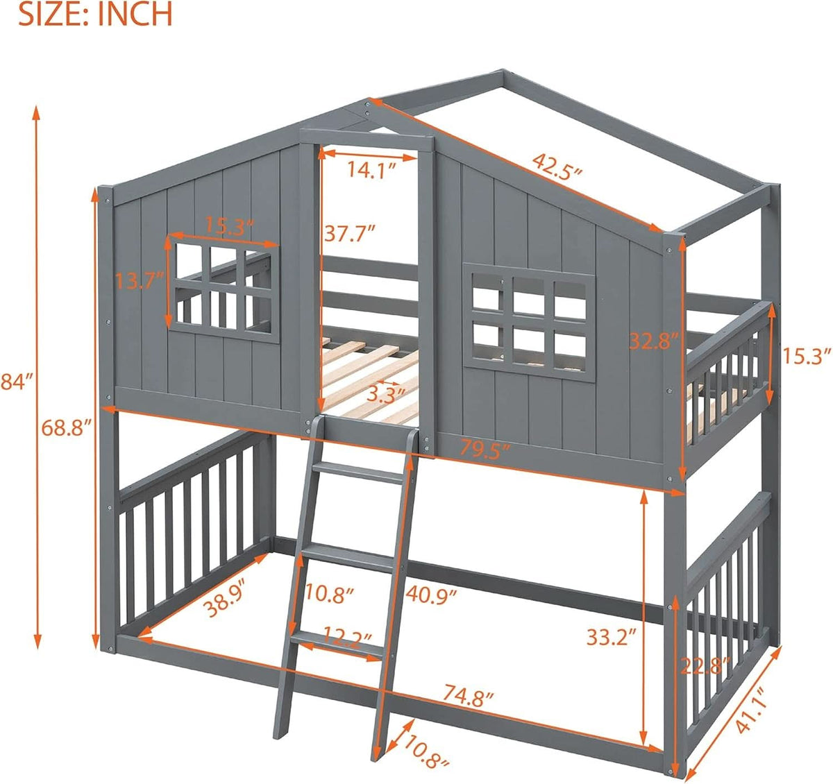 Gray Twin Over Twin House Bunk Bed With Roof For Kids