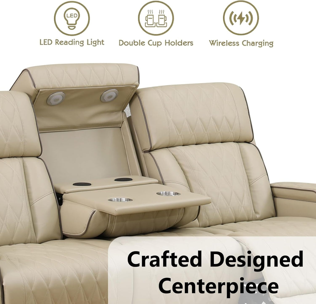 Khaki Premium Quality Leather Power Recliner Sofa USB Port
