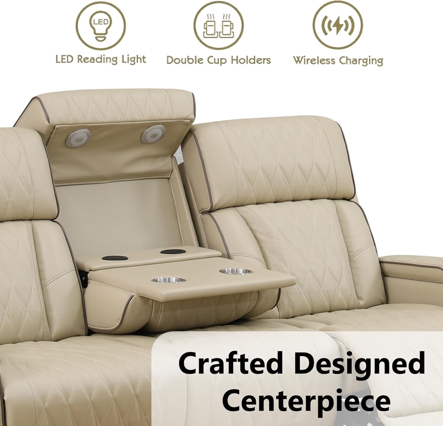 Khaki Premium Quality Leather Power Recliner Sofa USB Port
