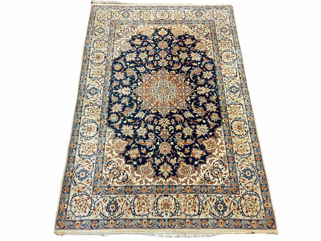 Persian Isfahan Rug 4x5, Navy Blue & Ivory, Wool and Silk Highlights