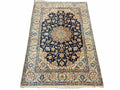 Persian Isfahan Rug 4x5, Navy Blue & Ivory, Wool and Silk Highlights
