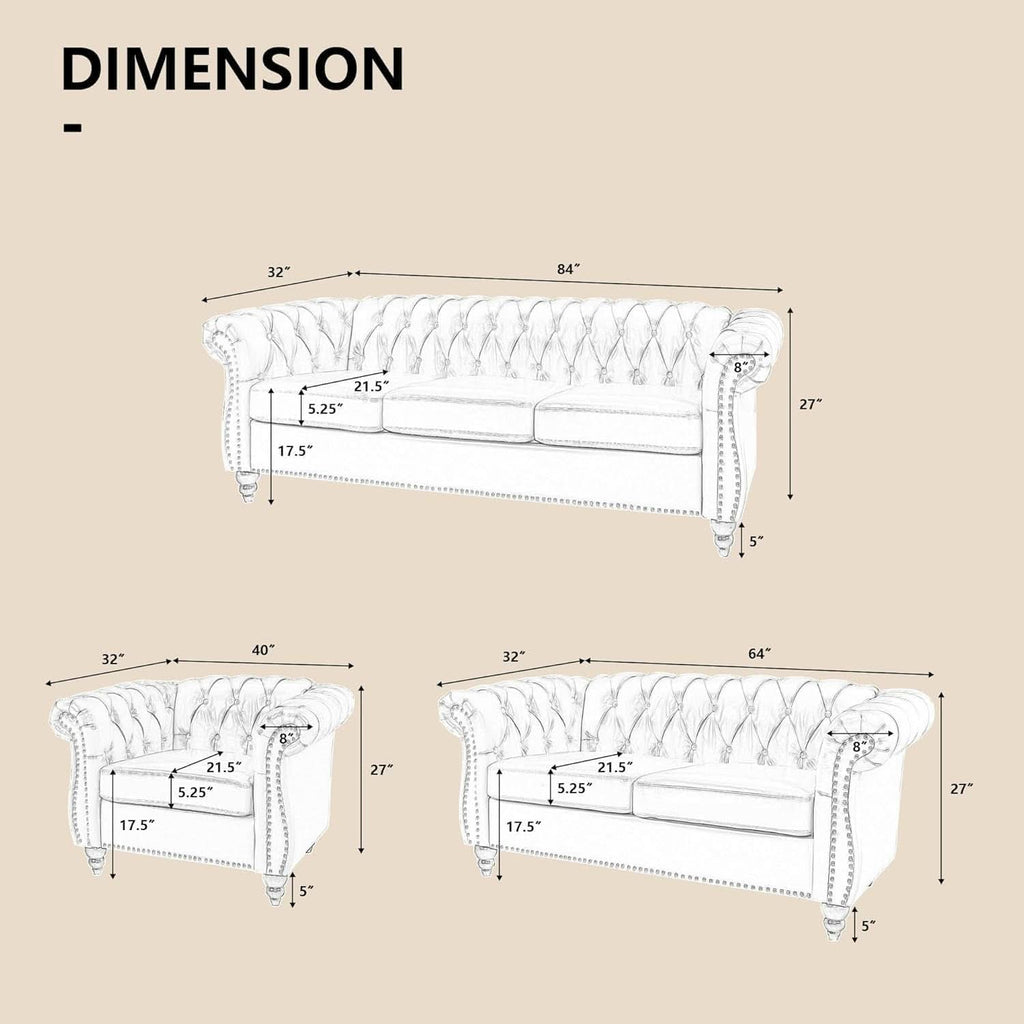 Beige Velvet Sectional Sofa Set With Button Tufting