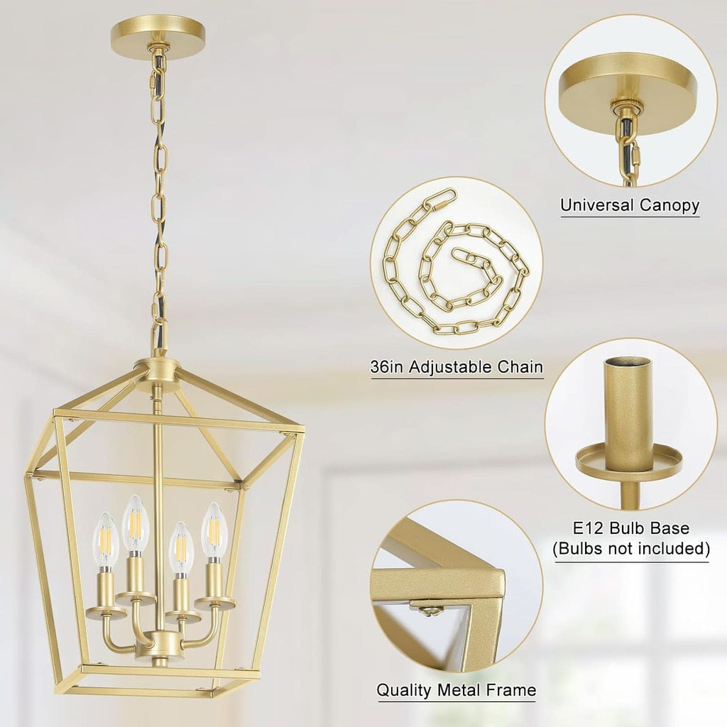Industrial Gold Lantern Chandelier 4 Light Adjustable