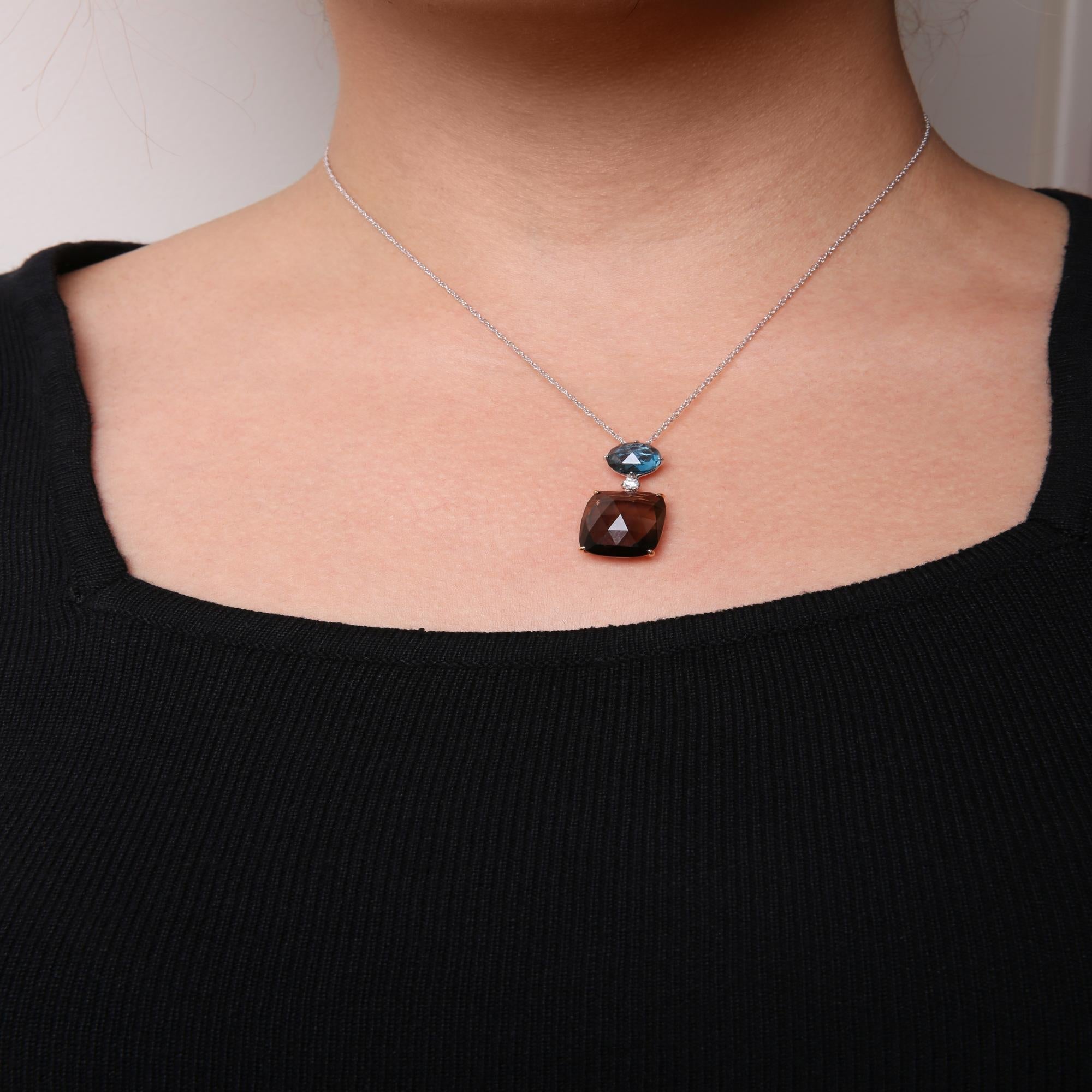 18K Rose and White Gold Diamond Accent and London Blue Topaz and Cushion Cut Smoky Quartz Gemstone Dangle Drop 18" Pendant Necklace (G-H Color, SI1-SI2 Clarity)-2