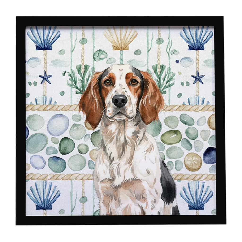 Tricolor English Setter Coastal Sea Glass Framed Metal Print