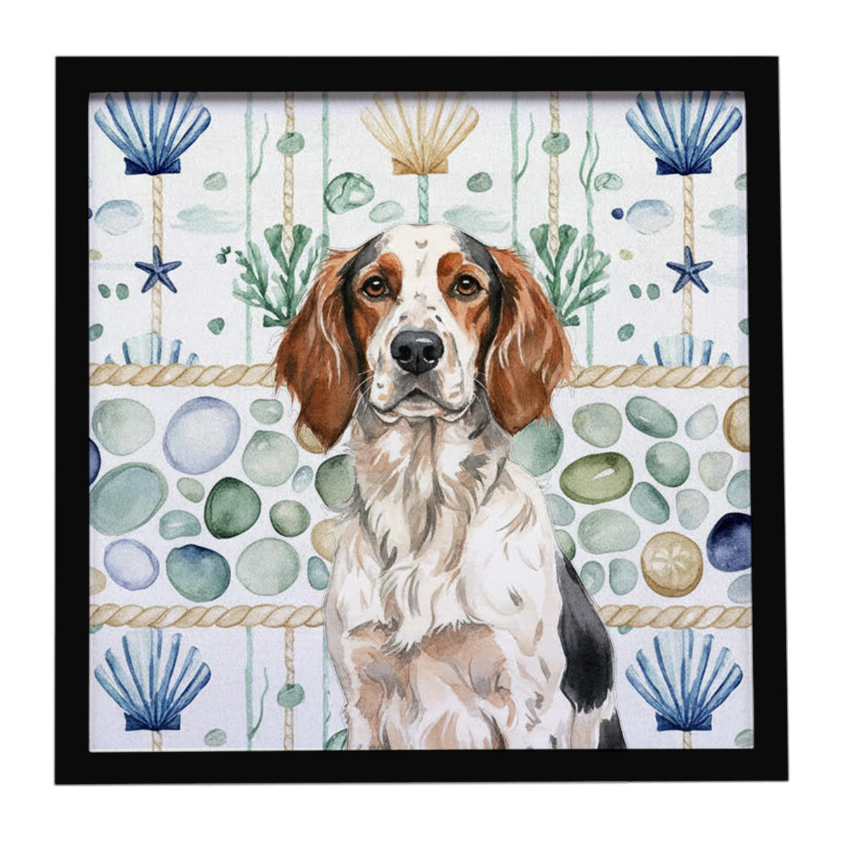 Tricolor English Setter Coastal Sea Glass Framed Metal Print