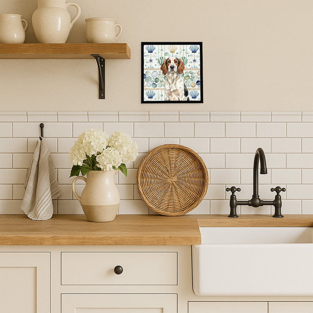 Tricolor English Setter Coastal Sea Glass Framed Metal Print