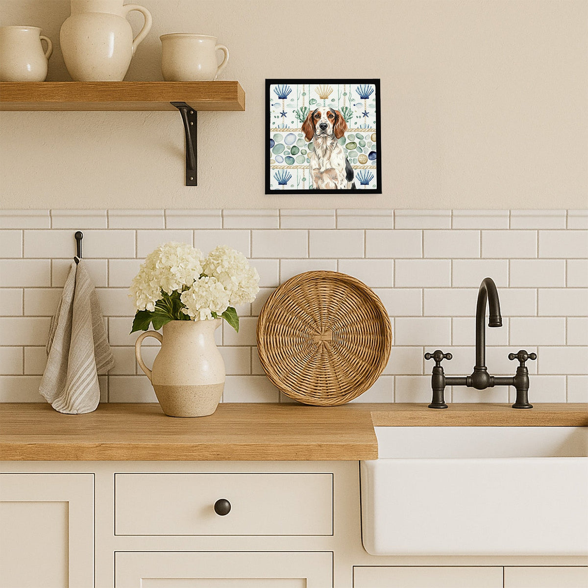 Tricolor English Setter Coastal Sea Glass Framed Metal Print