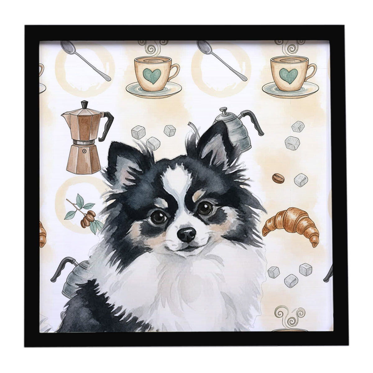 Black and White Pomeranian Coffee Bar Framed Metal Print