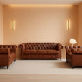 3 Piece Chesterfield Leather Sofa Set With Rolled Arms And Nailhead Trim Modern Brown Living Room Set