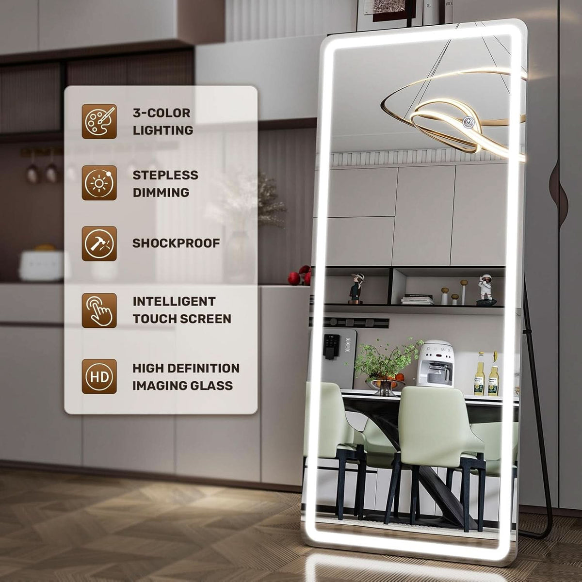 26x68 Inch Full Length Mirror With Lights LED Dimmable 3 Color Floor Standing Or Wall Hanging