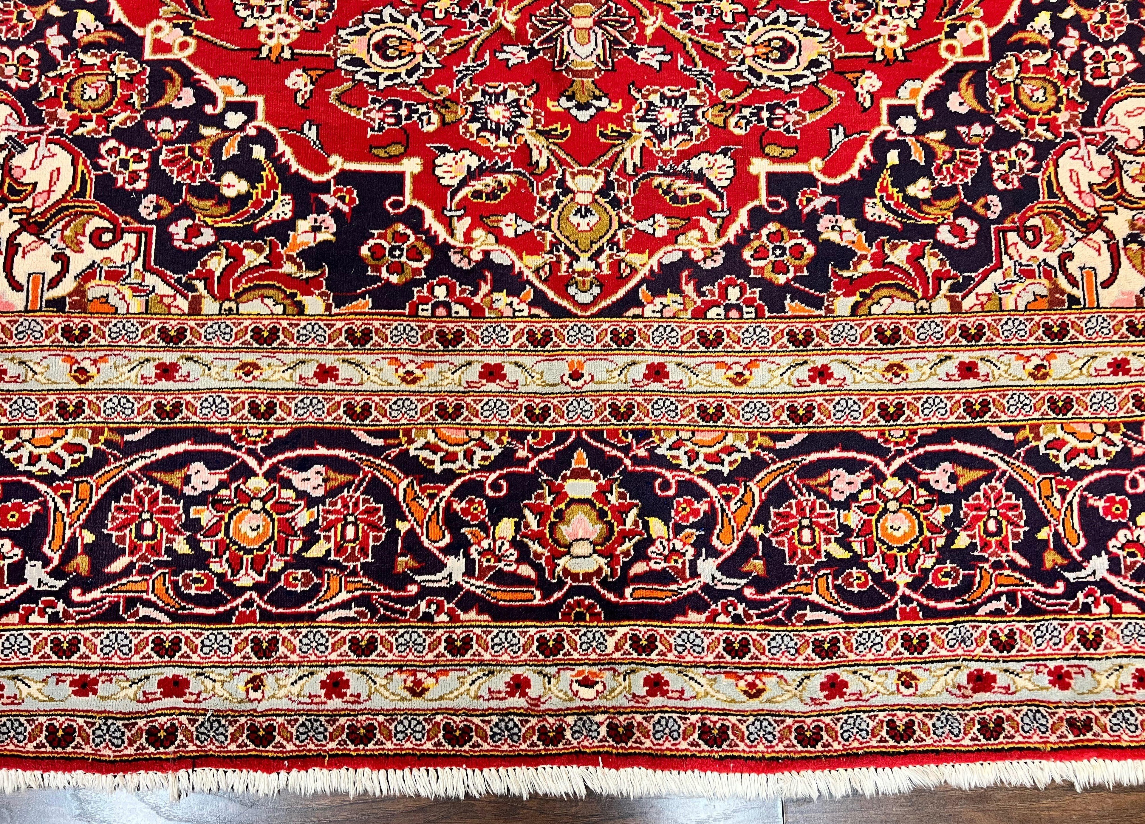 Persian Kashan Rug 10x13, Floral Medallion, Traditional Area Rug, Red Navy Blue Ivory, Handmade Semi Antique Vintage Wool Oriental Carpet 10 x 13