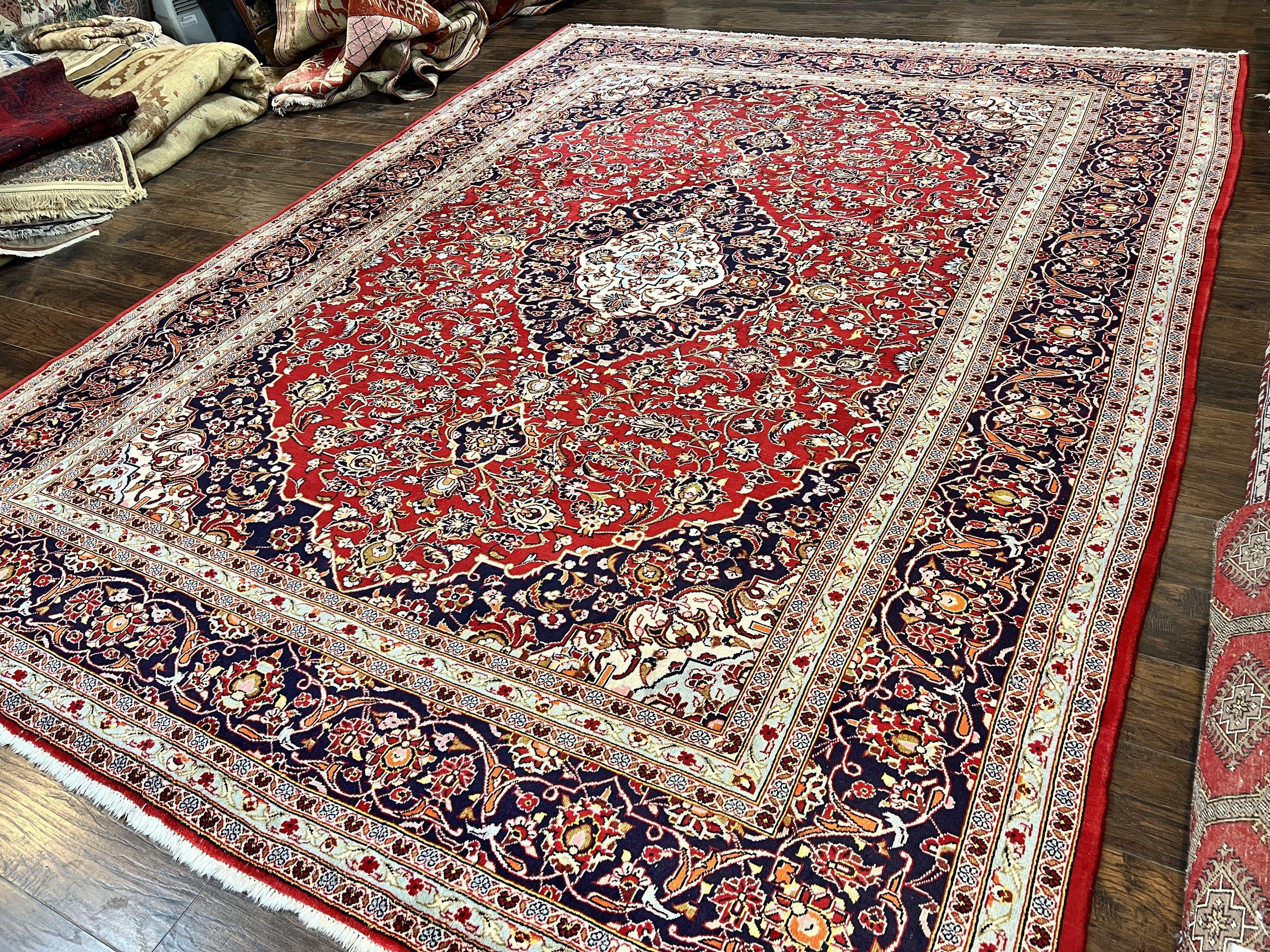 Persian Kashan Rug 10x13, Floral Medallion, Traditional Area Rug, Red Navy Blue Ivory, Handmade Semi Antique Vintage Wool Oriental Carpet 10 x 13